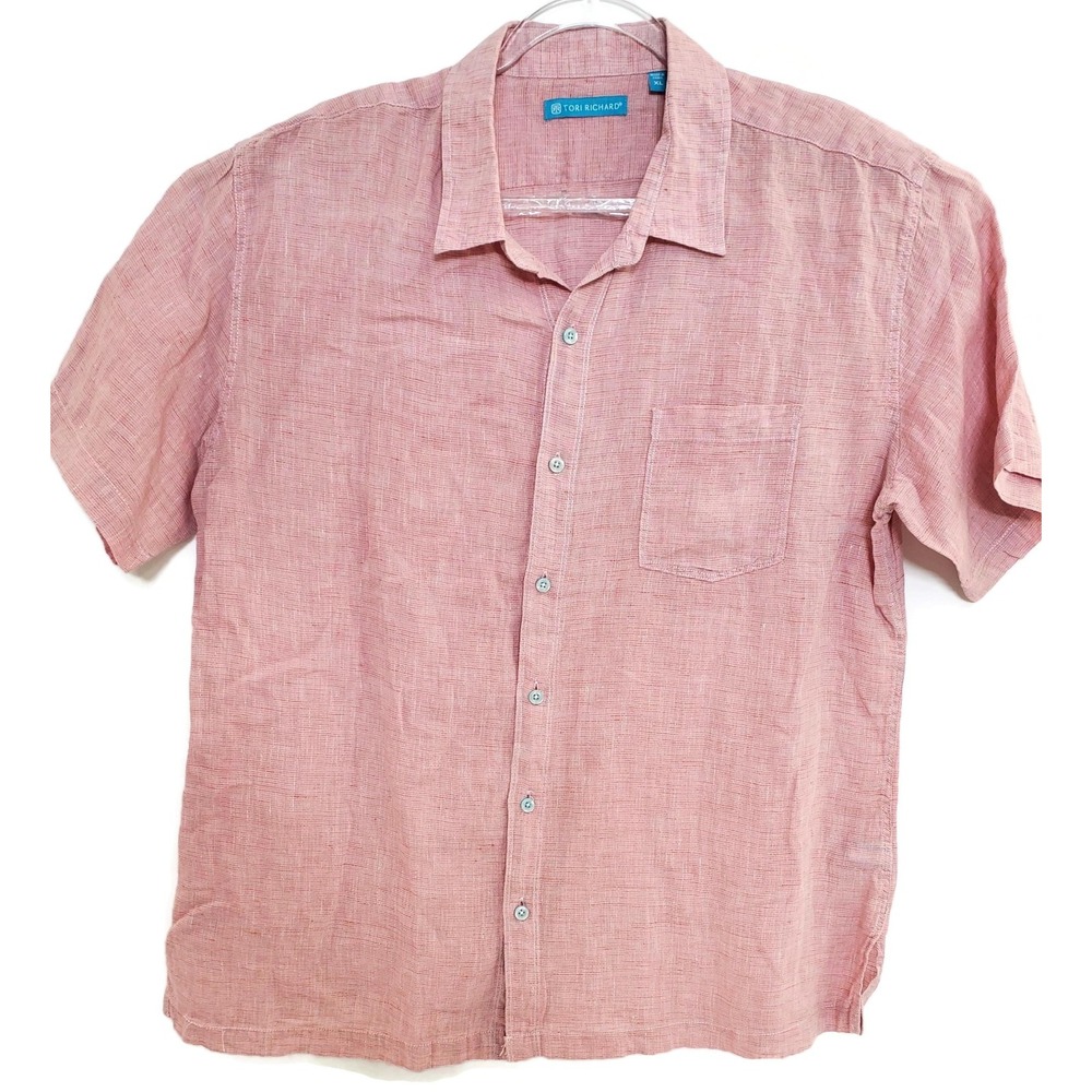Tori Richard Shirt Mens XL Light Red 100% Linen Short Sleeve Button Front Casual